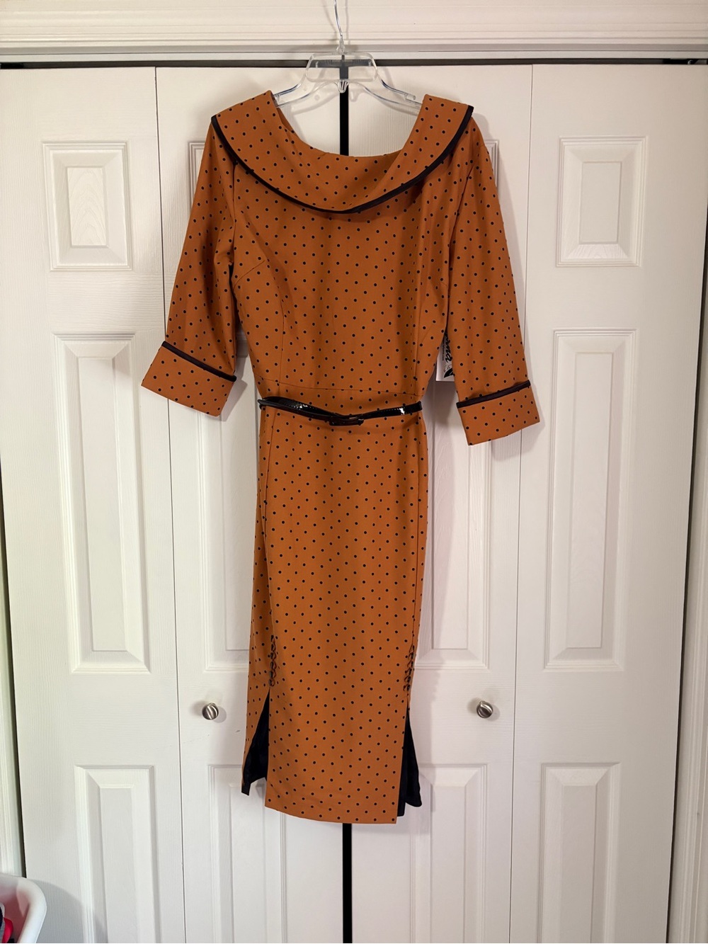 Tatyana Mustard Polka Dot Midi Dress with Black Trim